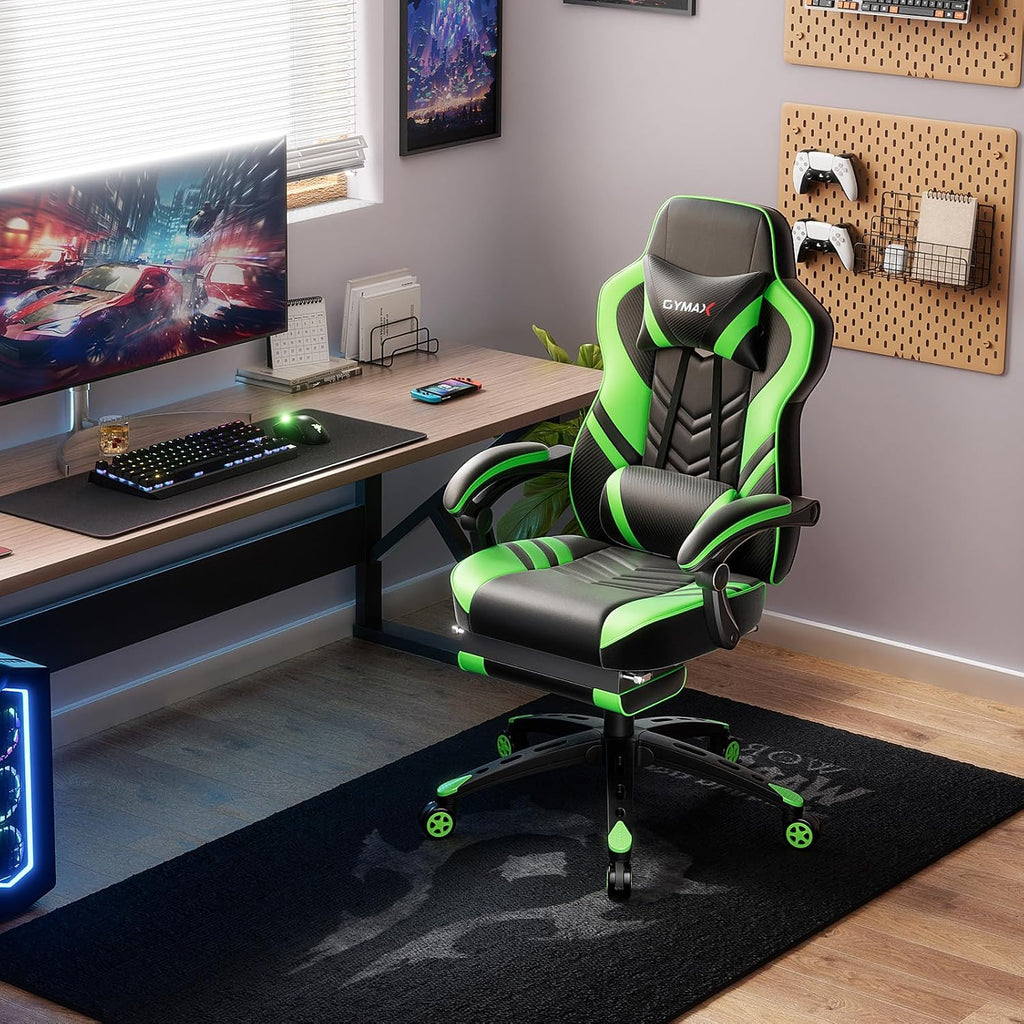 POWERSTONE Gaming Chair Video Game Chair with Footrest and Lumbar Support Racing Style PU Leather Computer Chair Ergonomic Adjustable Swivel Task Chair Green