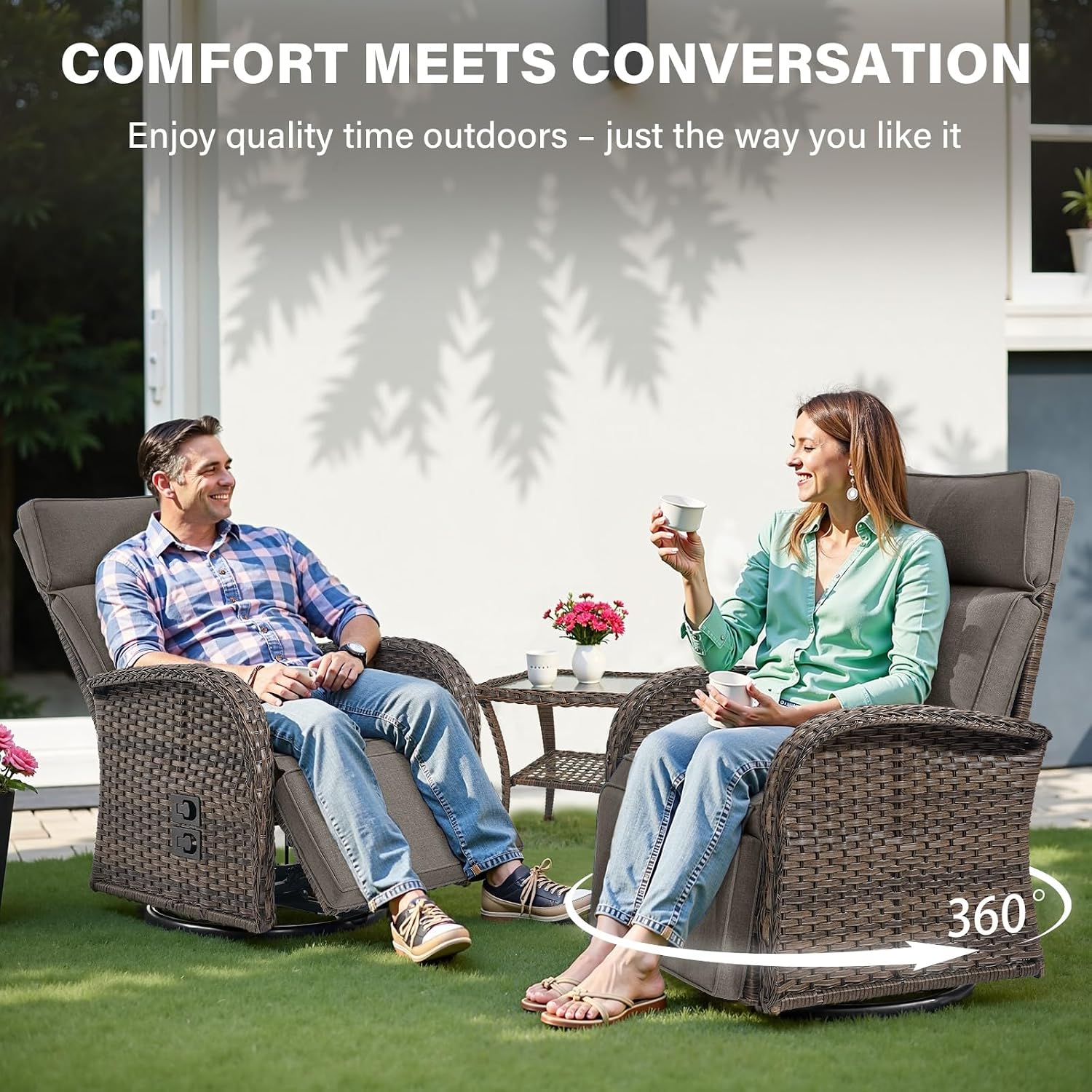 Belord Swivel Outdoor Recliner Chair Set of 2 - Reclining Patio Chair with Adjustable Backrest and Footrest, All-Weather Wicker Chaise Lounge Chair Outdoor for Pool Deck (Upgraded 2.0)