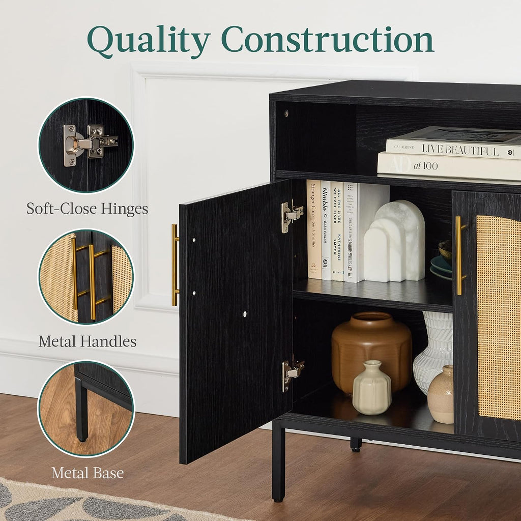 Best Choice Products Rattan Sideboard Buffet Cabinet, Entryway Table, Accent Storage Cabinet, Console Table for Hallway, Living Room, Dining Room - Black