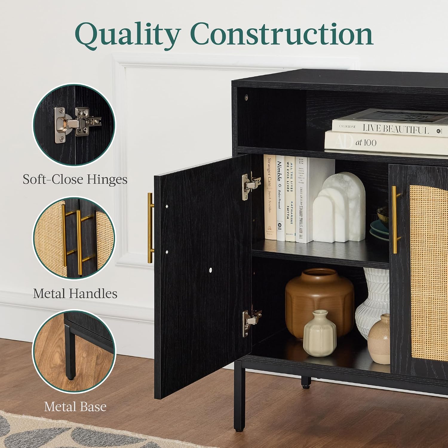 Best Choice Products Rattan Sideboard Buffet Cabinet, Entryway Table, Accent Storage Cabinet, Console Table for Hallway, Living Room, Dining Room - Black