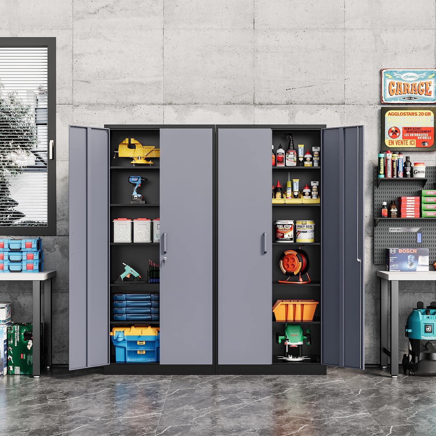 Fesbos Metal Storage Cabinet-72' Tall Steel File Cabinets with Lockable Doors and 5 Adjustable Shelves-Black&Gray Steel Storage Cabinet for Home, School, Office, Garage