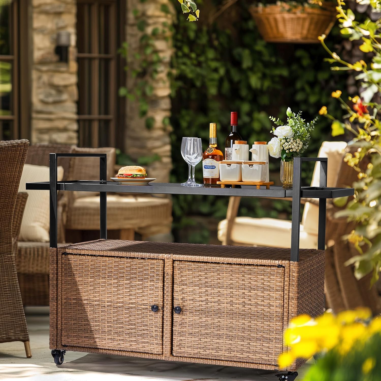 VINGLI Outdoor Storage Cabinet with Wheels, Waterproof Woven Rattan with Double Magnetic Doors, Mobile Multi-Purpose Cabinet for Storage, Buffet Server, Bar Table, Potting Bench (Glass Top)