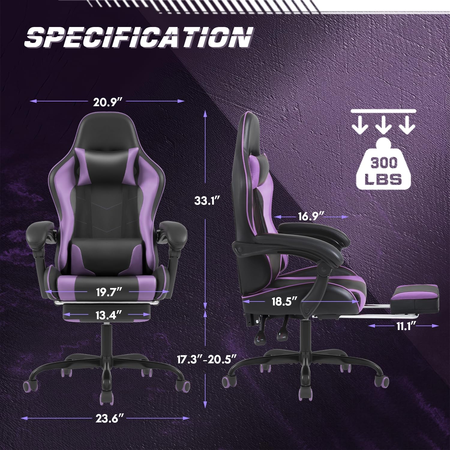 Shahoo Gaming Chair with Footrest and Massage Lumbar Support, Computer Chairs, Video Racing Seat Height Adjustable with 360°Swivel and Headrest for Office or Bedroom, Purple