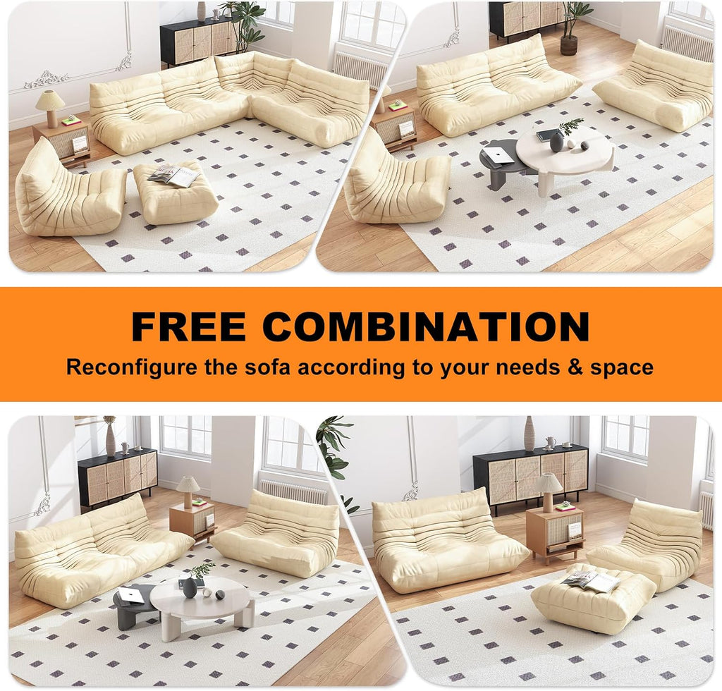 Full Foam Three Seater Sofa – Bean Bag Chairs Floor Couch for Adults, Waterproof Upholstery, Armless Fireside Lounge Chair for Living Room, Apartment, or Office (White)