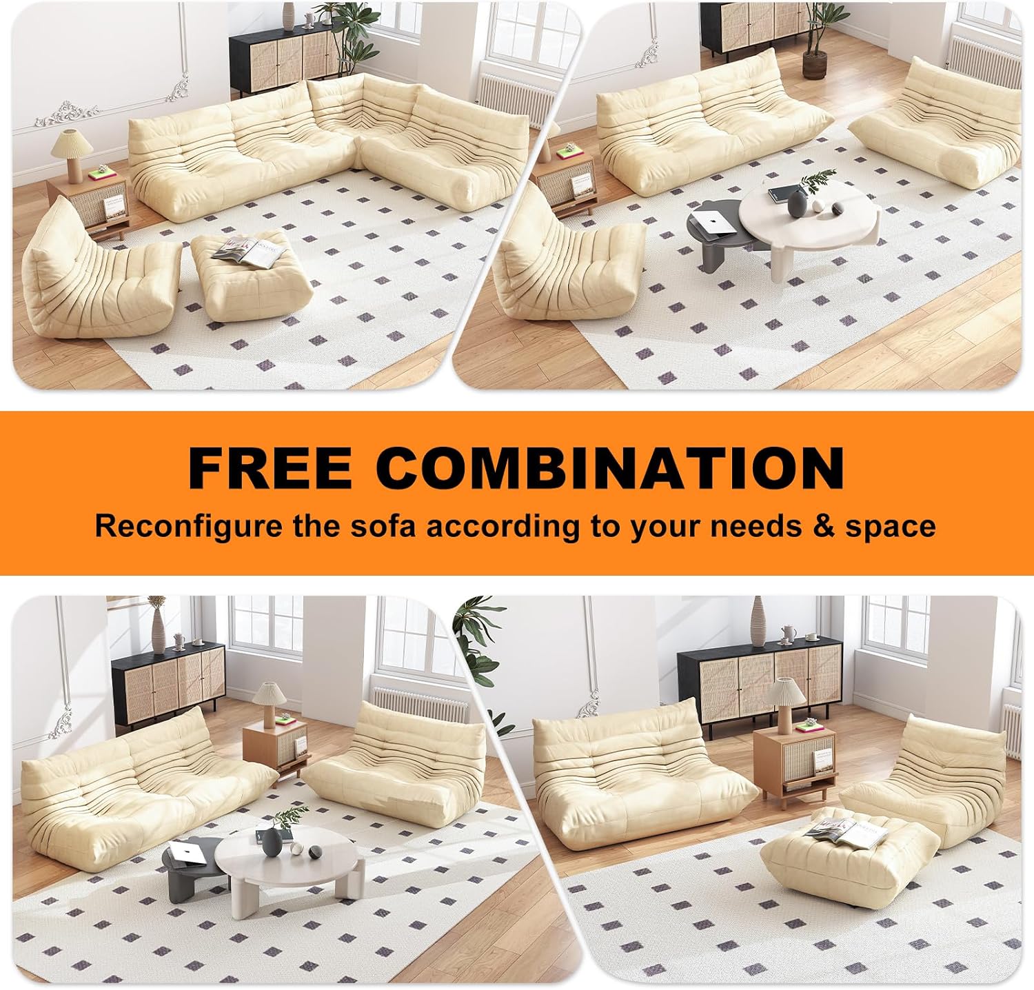 Full Foam Three Seater Sofa – Bean Bag Chairs Floor Couch for Adults, Waterproof Upholstery, Armless Fireside Lounge Chair for Living Room, Apartment, or Office (White)