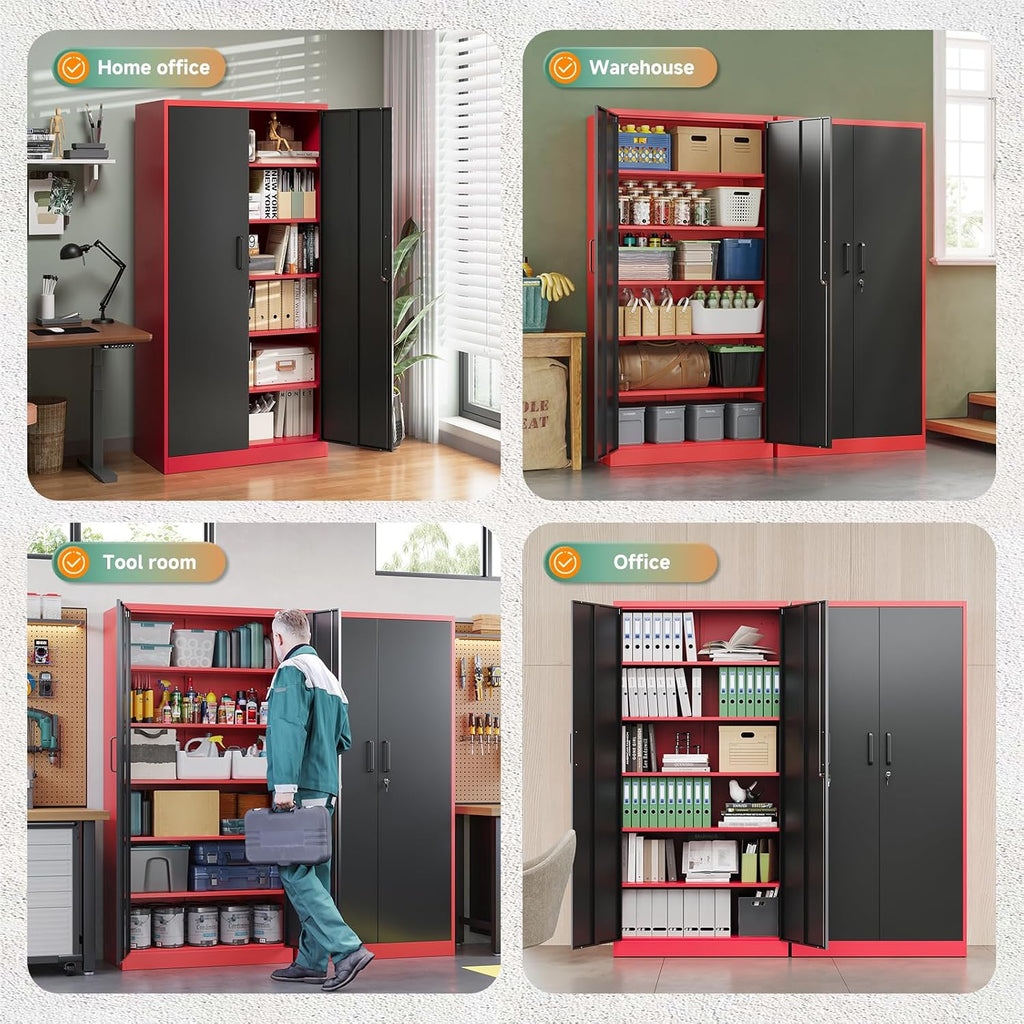Letaya Metal Garage Storage Cabinets with Lock, 72' Tall Locker Organizer Steel Tool Cabinets,5 Adjustable Shelves 2 Doors for Home Office, Warehouse,Garage,Industrial,Employee (Black Red)