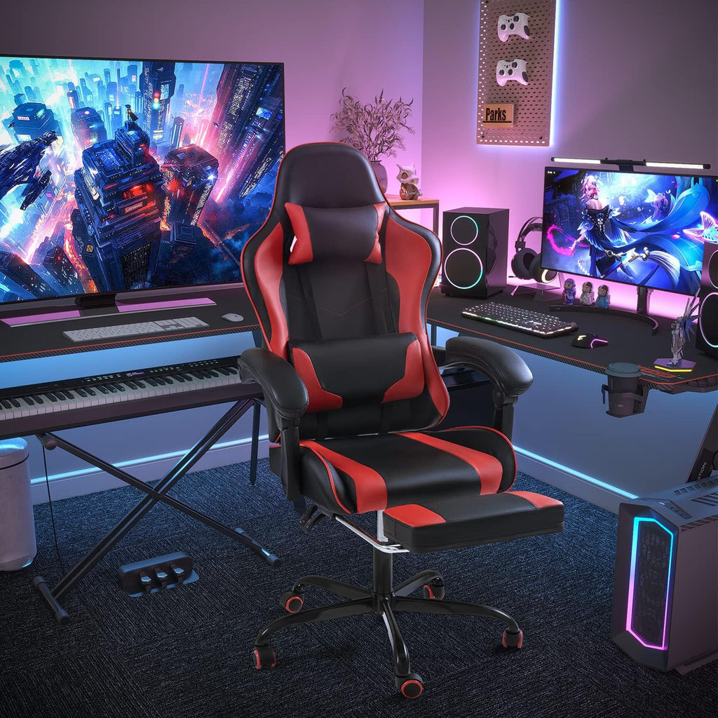 Shahoo Gaming Chair, Video Gaming Chair with Footrest and Lumbar Support, Ergonomic Computer Chairs with 360° Swivel and Height Adjustable, Spin Chair with Headrest for Home Office, Study Room (Red)