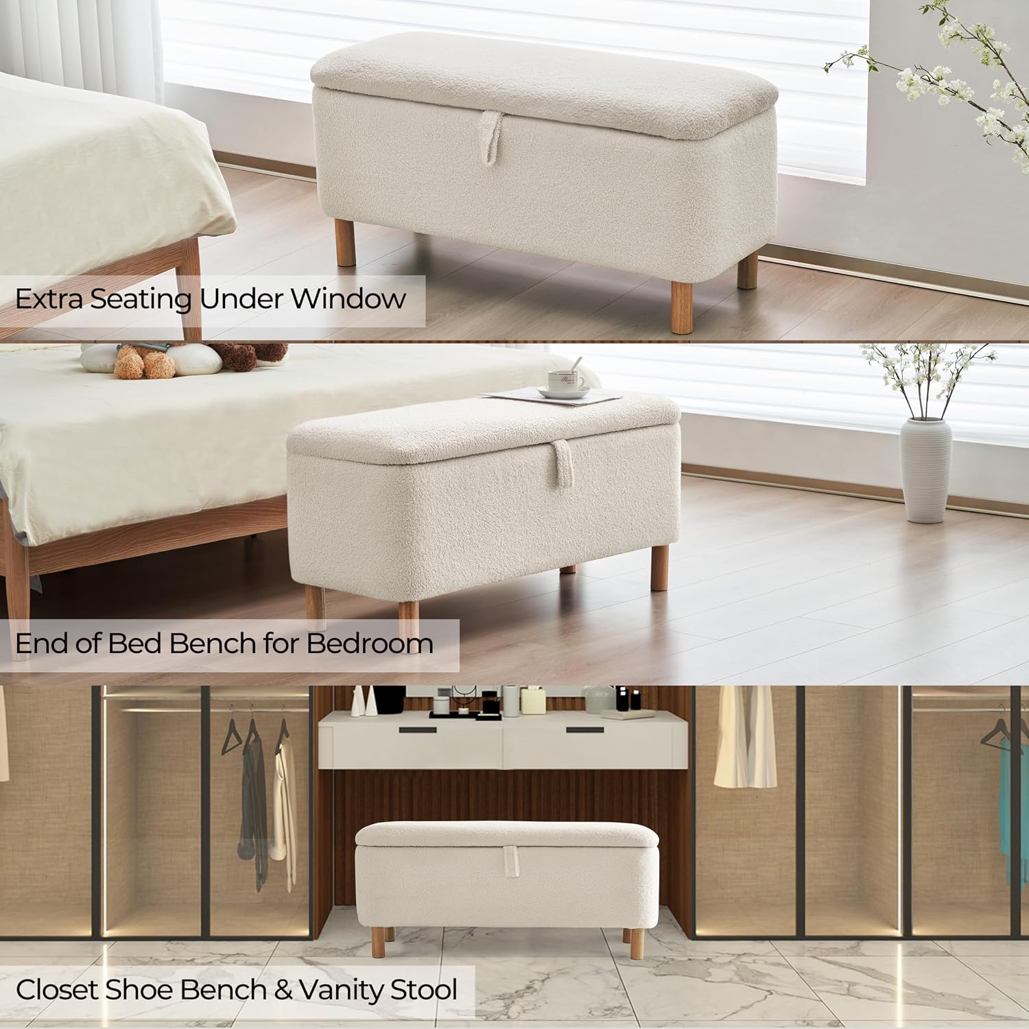 Boucle Storage Ottoman Bench for Bedroom end of Bed, Sherpa Upholstered Shoe Seat Storage Bench for Entryway Bed Foot, Rectangle Cushion Padded Blanket Chest Cute for Living Room, White