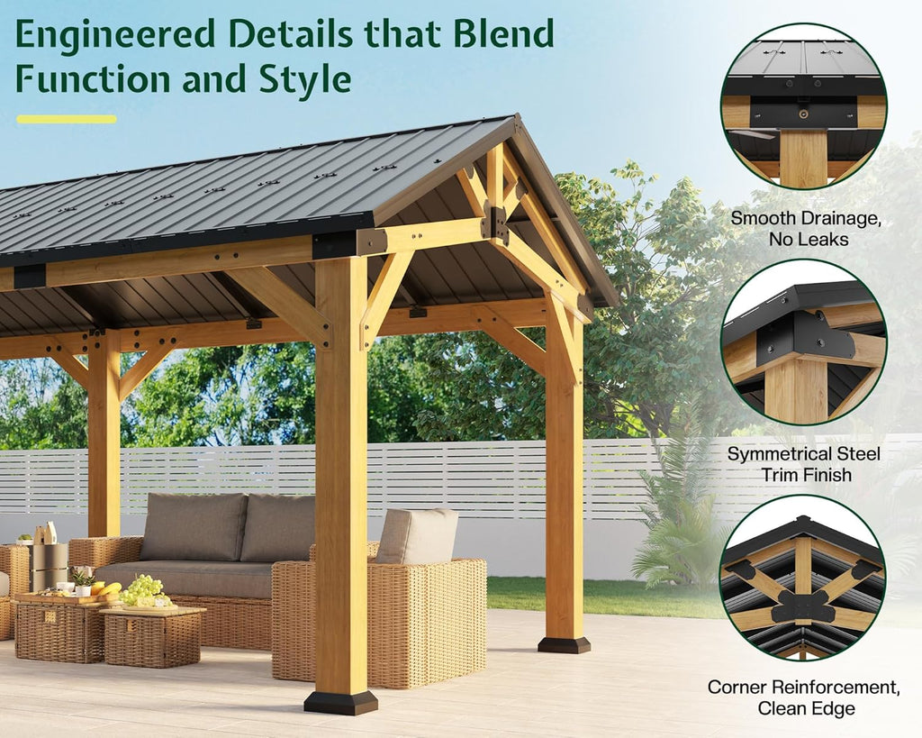 Jocisland 12' x 24' Cedar Wood Hardtop Gazebo with Galvanized Steel Roof, Waterproof Outdoor Gazebo Pavilion, Heavy-Duty Snow & Wind Resistant Carport for Patio, Driveway, Garden