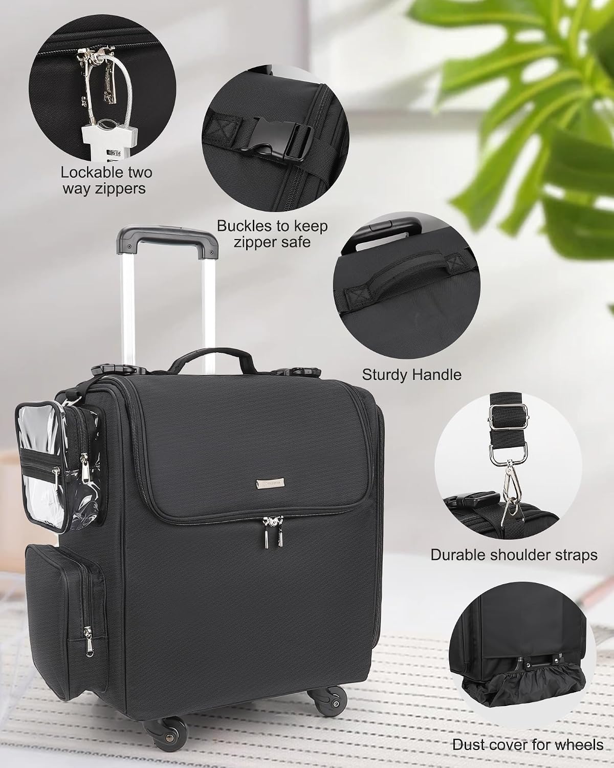 Relavel Rolling Makeup Train Case, Professional Hairstylist Traveling Bag with 4 Wheels & 2 Pouches, Adjustable Dividers, Heat Insulation Full Layer, Portable Cosmetics Storage Organizer Suitcase