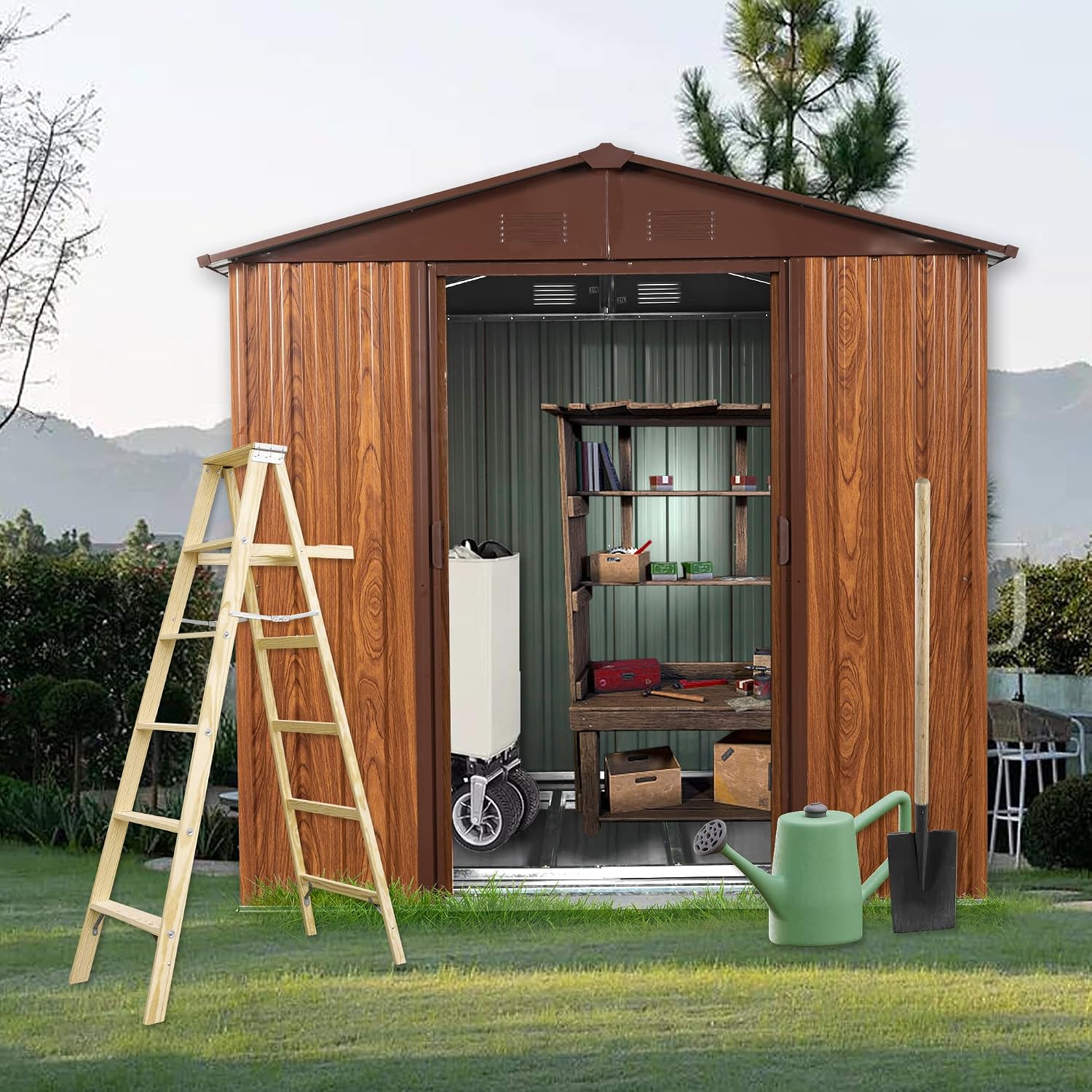 KEIKI 6x6 FT Outdoor Metal Storage Shed with Peaked Roof,Vents,Window and Metal Foundation for Garden Yard Lawn
