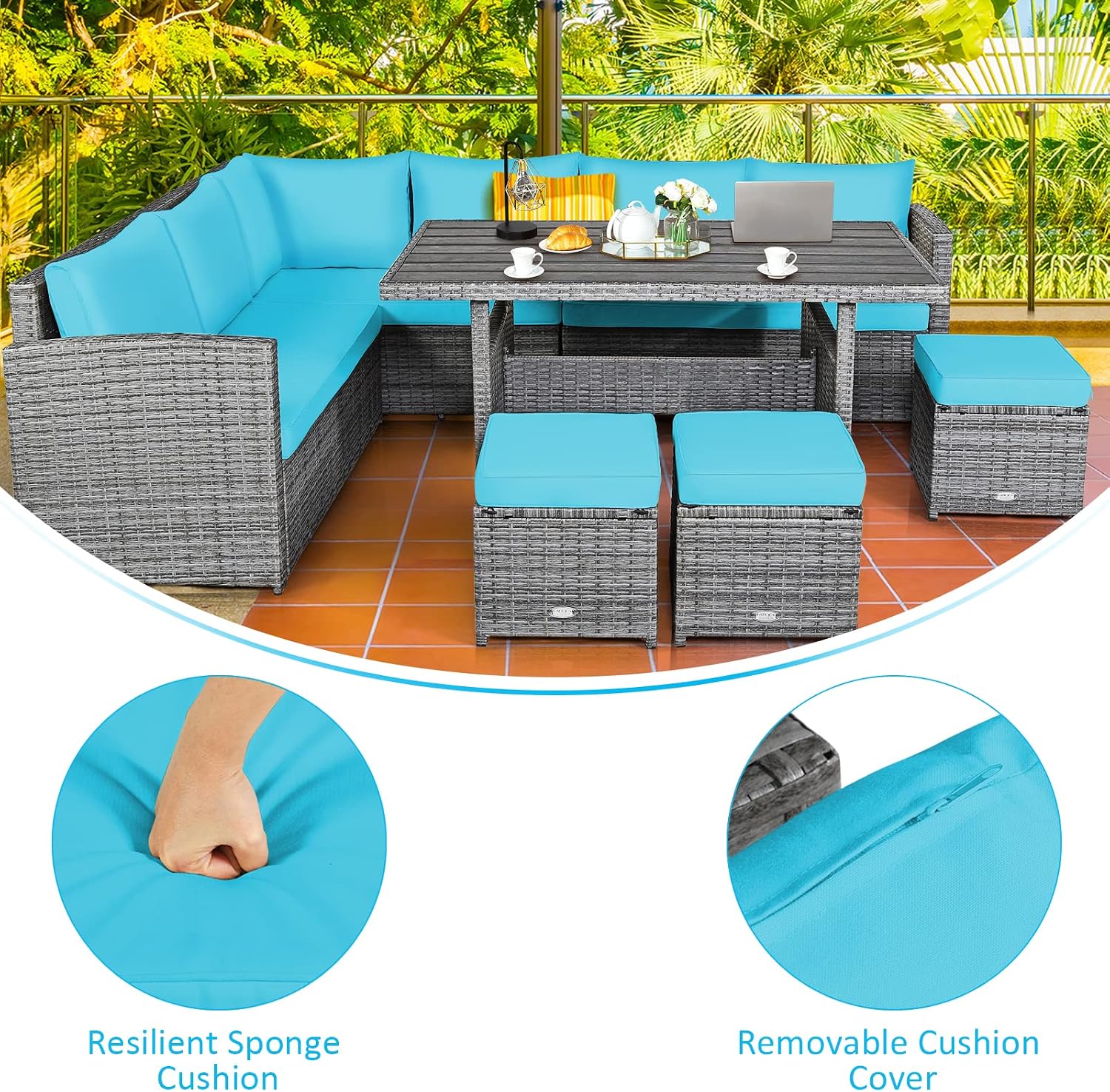 Tangkula 7 Pieces Patio Furniture Set, Outdoor Sectional Rattan Dining Sofa Set with Cushions, All Weather Wicker Conversation Couch Set with Dining Table & Ottomans for Yard Garden Poolside