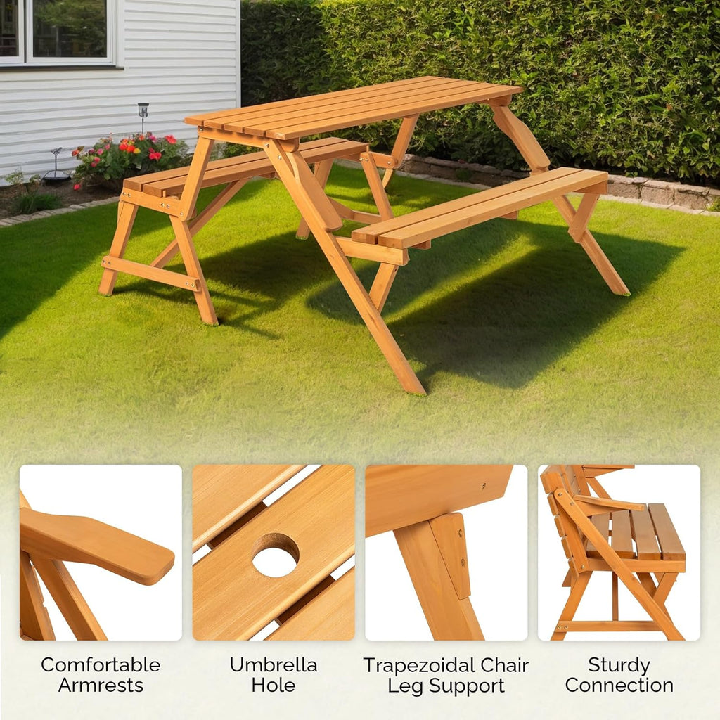 VINGLI 2-in-1 Outdoor Wooden Picnic Table and Bench Set with Umbrella Hole – Convertible Design for Garden, Patio, Porch, Deck – Natural Wood