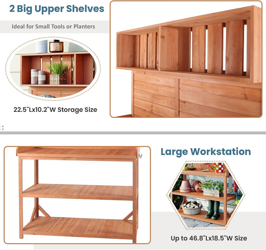 65' Large Outdoor Farmhouse Wooden Potting Bench Table, Patio Workstation with 4 Storage Shelves and Side Hook for Backyard, Mudroom Garden (Natural#3, 65')