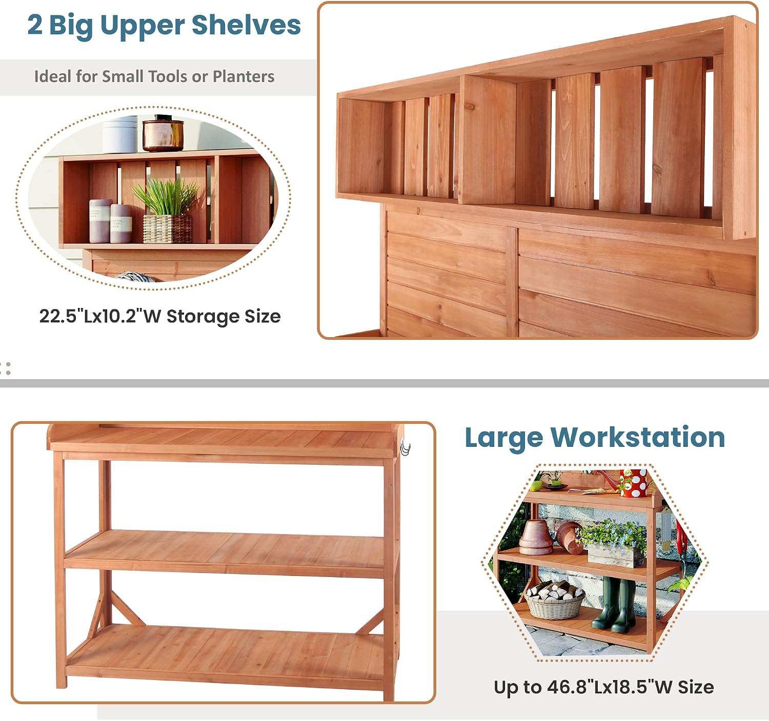 65' Large Outdoor Farmhouse Wooden Potting Bench Table, Patio Workstation with 4 Storage Shelves and Side Hook for Backyard, Mudroom Garden (Natural#3, 65')