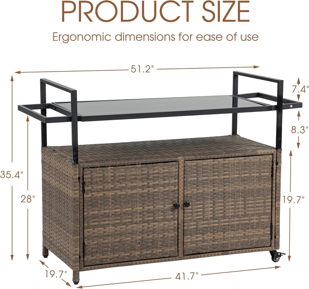 HOMEFUN Outdoor Bar Cart Table - Patio Console Storage Cabinet BBQ Grill Carts Buffet with Wheels Waterproof Wicker Serving Tables for Outside, Brown