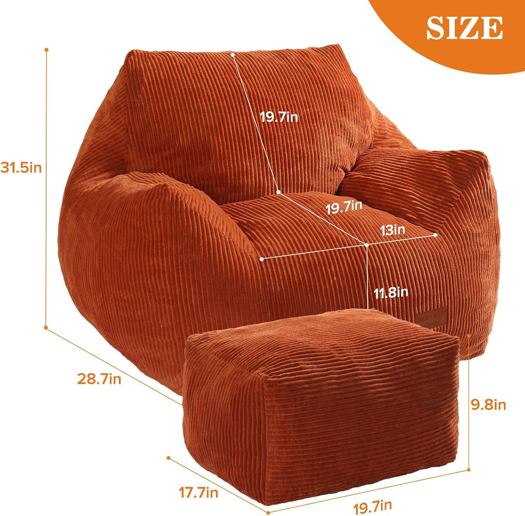 Big Bean Bag Chair for Adults, Ultra Soft Living Room Bean Bag with Armrests & Ottoman, Stuffed BeanBag Chair for Napping, Gaming, Vacuum-Compressed for Easy Gifting, 48h to Expand, Orange