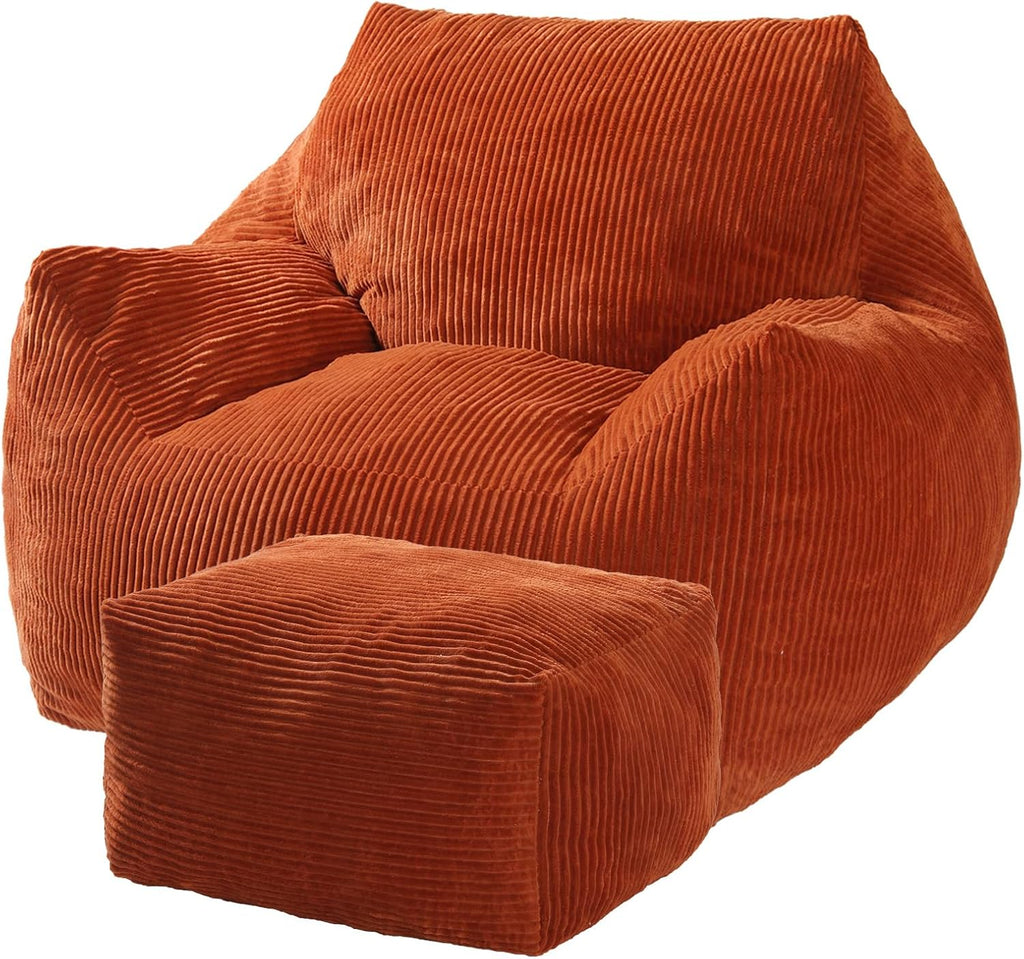 Big Bean Bag Chair for Adults, Ultra Soft Living Room Bean Bag with Armrests & Ottoman, Stuffed BeanBag Chair for Napping, Gaming, Vacuum-Compressed for Easy Gifting, 48h to Expand, Orange