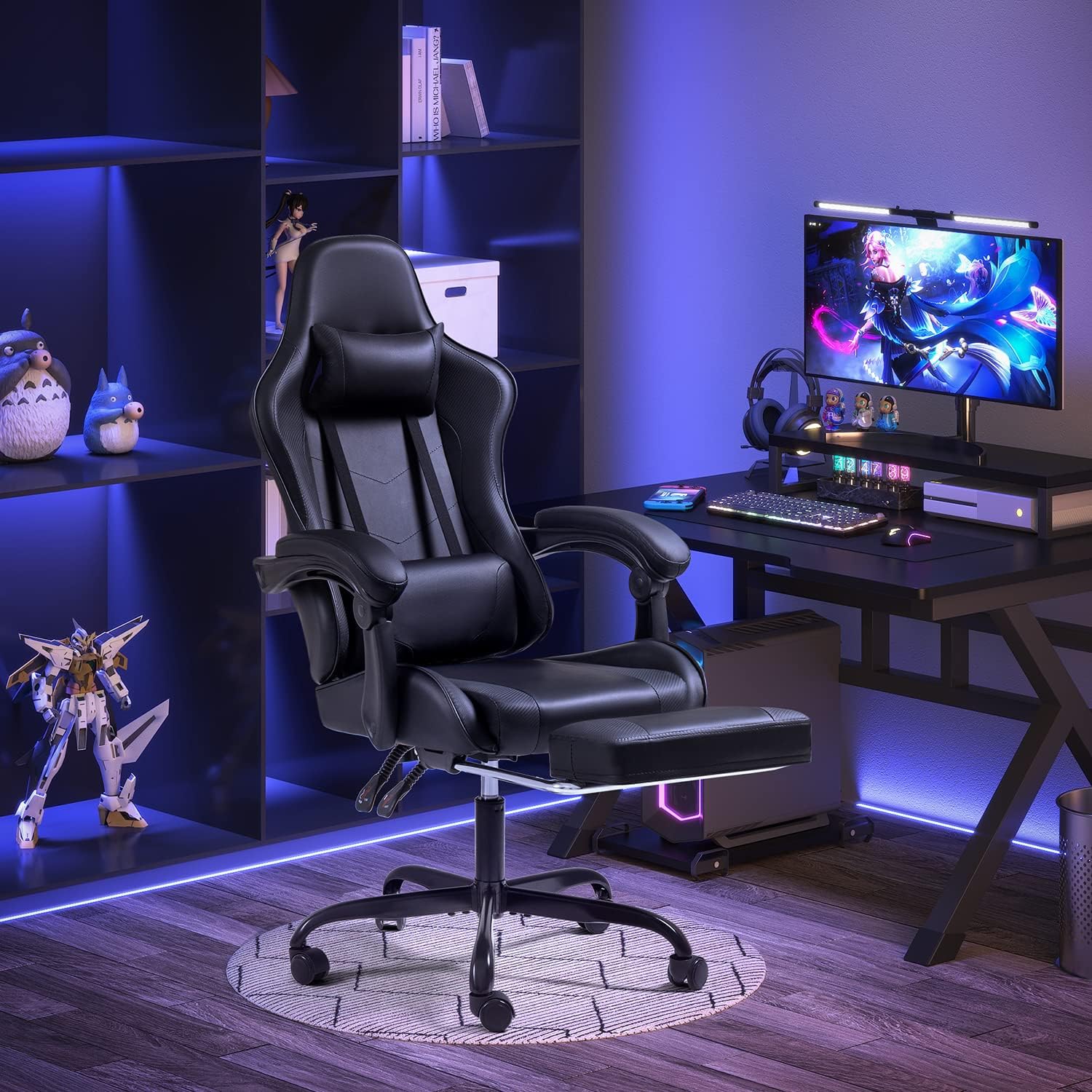 Shahoo Gaming Chair, Video Gaming Chair with Footrest and Lumbar Support, Ergonomic Computer Chairs with 360° Swivel and Height Adjustable, Spin Chair with Headrest for Home Office, Study Room (Black)
