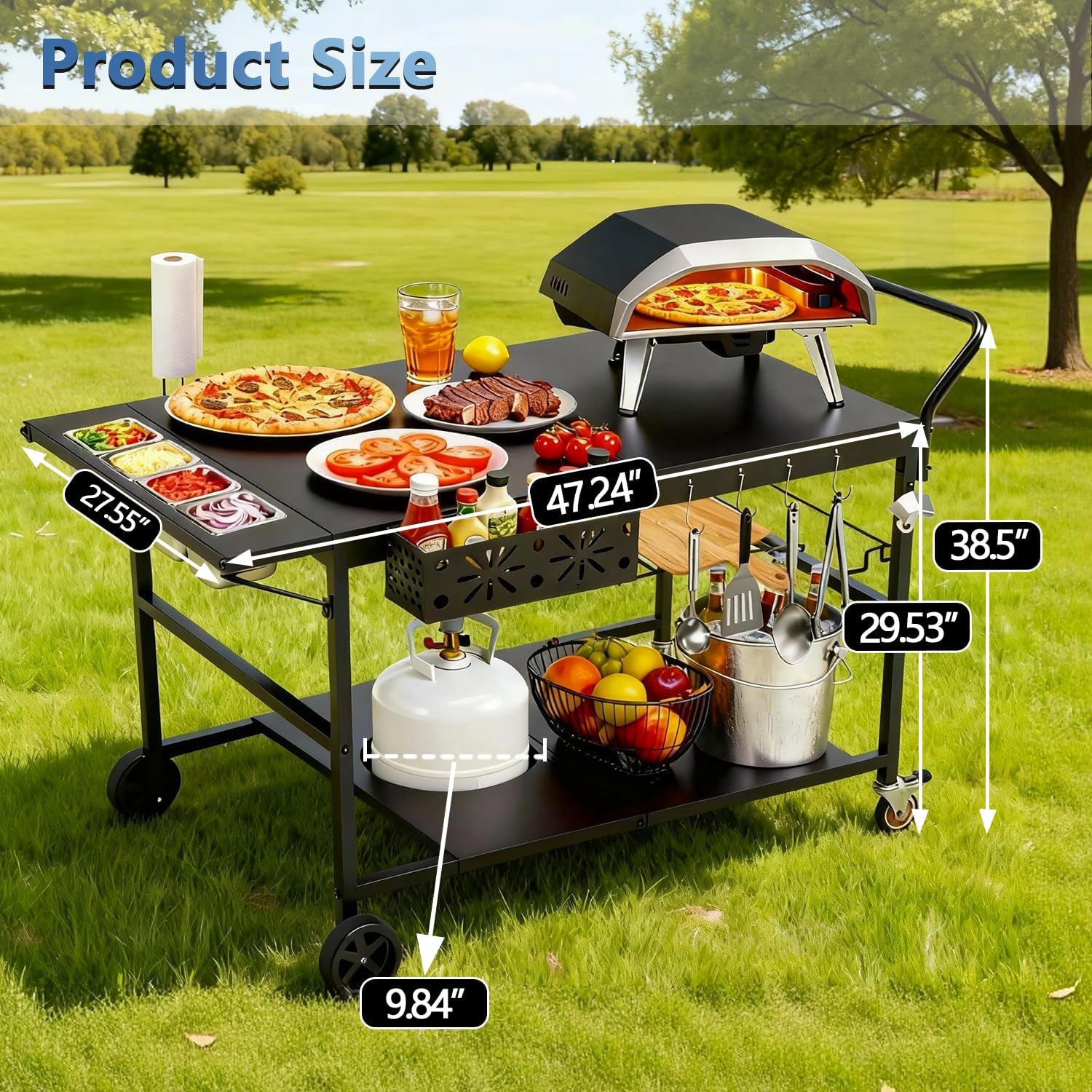 47' Outdoor Pizza Oven Table with Wheels, Pizza Oven Cart for Outside with Propane Tank Holder, Heavy Duty Pizza Oven Stand Prep Table for BBQ Patio Backyard Cooking