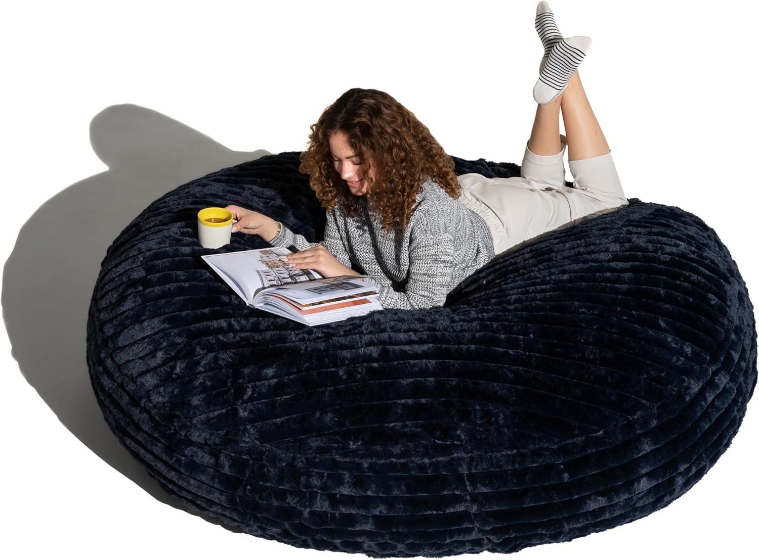 Jaxx 6 Foot Cocoon - Large Bean Bag Chair for Adults, Premium Luxe Faux Fur - Mondo Black