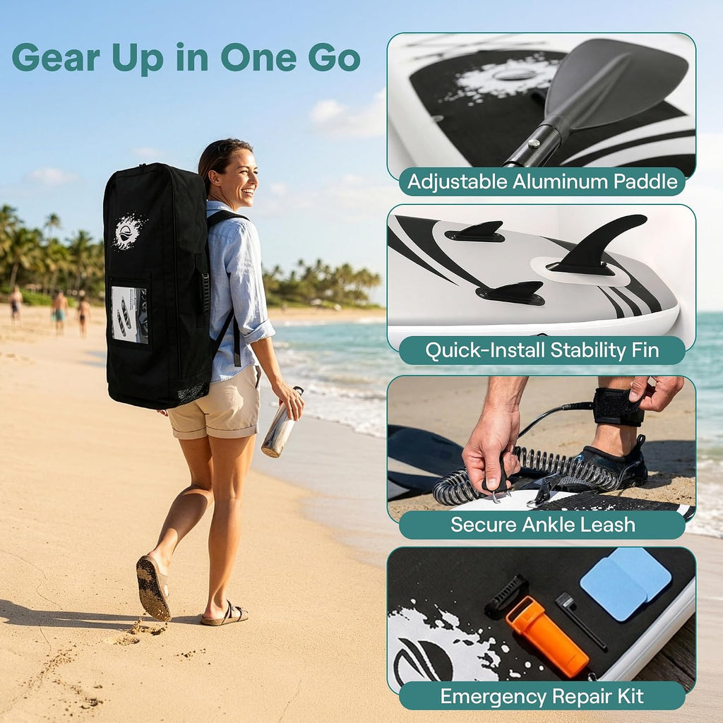 SereneLife Inflatable Stand Up Paddle Board - Wide Stable Design, Non-Slip Deck for Adults & Youth with Premium Paddle Board Accessories: Carry Bag, Dual Action Pump, Paddle, Ankle Leash