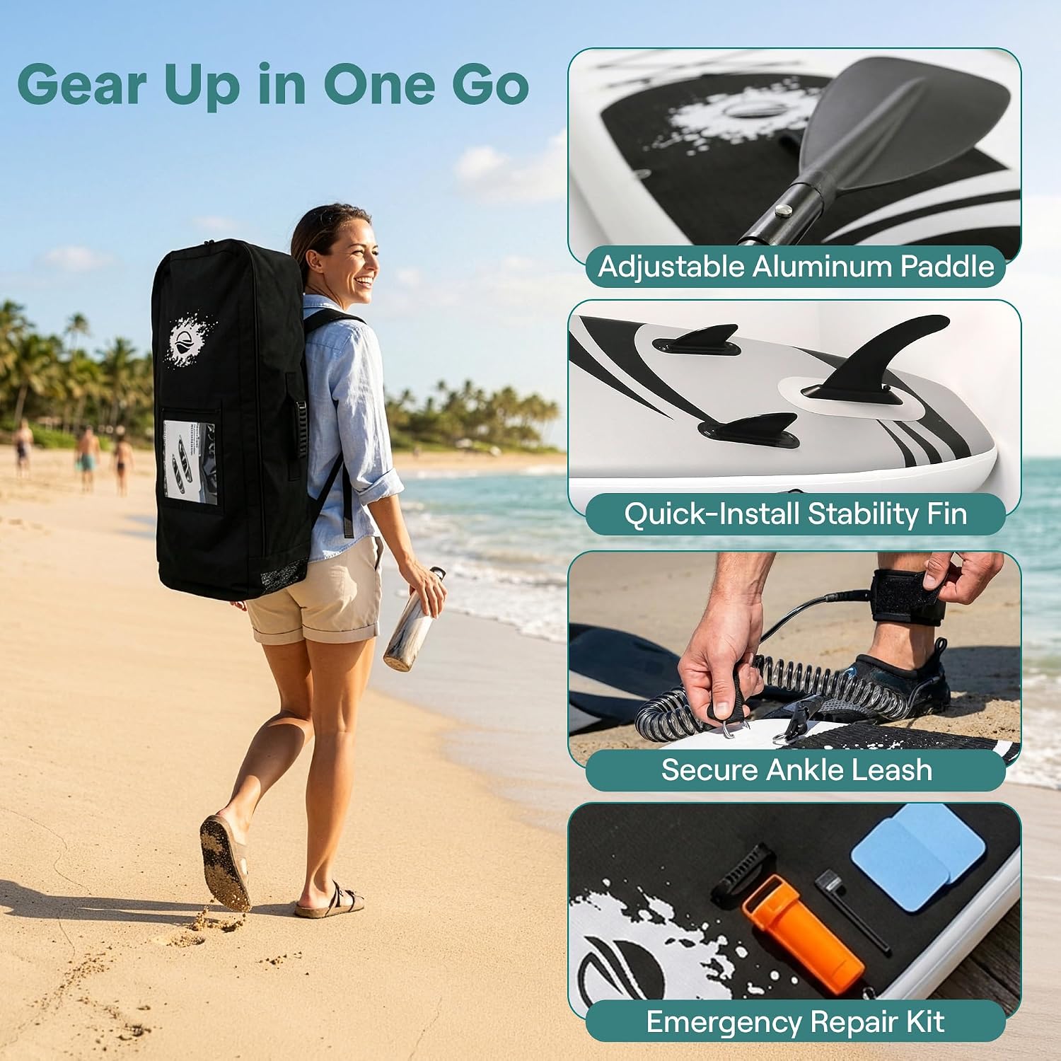 SereneLife Inflatable Stand Up Paddle Board - Wide Stable Design, Non-Slip Deck for Adults & Youth with Premium Paddle Board Accessories: Carry Bag, Dual Action Pump, Paddle, Ankle Leash