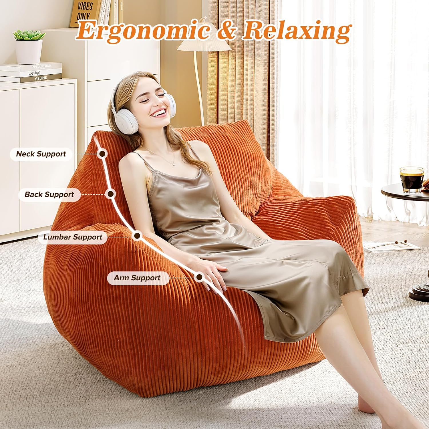 Big Bean Bag Chair for Adults, Ultra Soft Living Room Bean Bag with Armrests, Stuffed BeanBag Chair for Napping, Gaming, Vacuum-Compressed for Easy Gifting, 48 Hours to Fluffs Up, Orange
