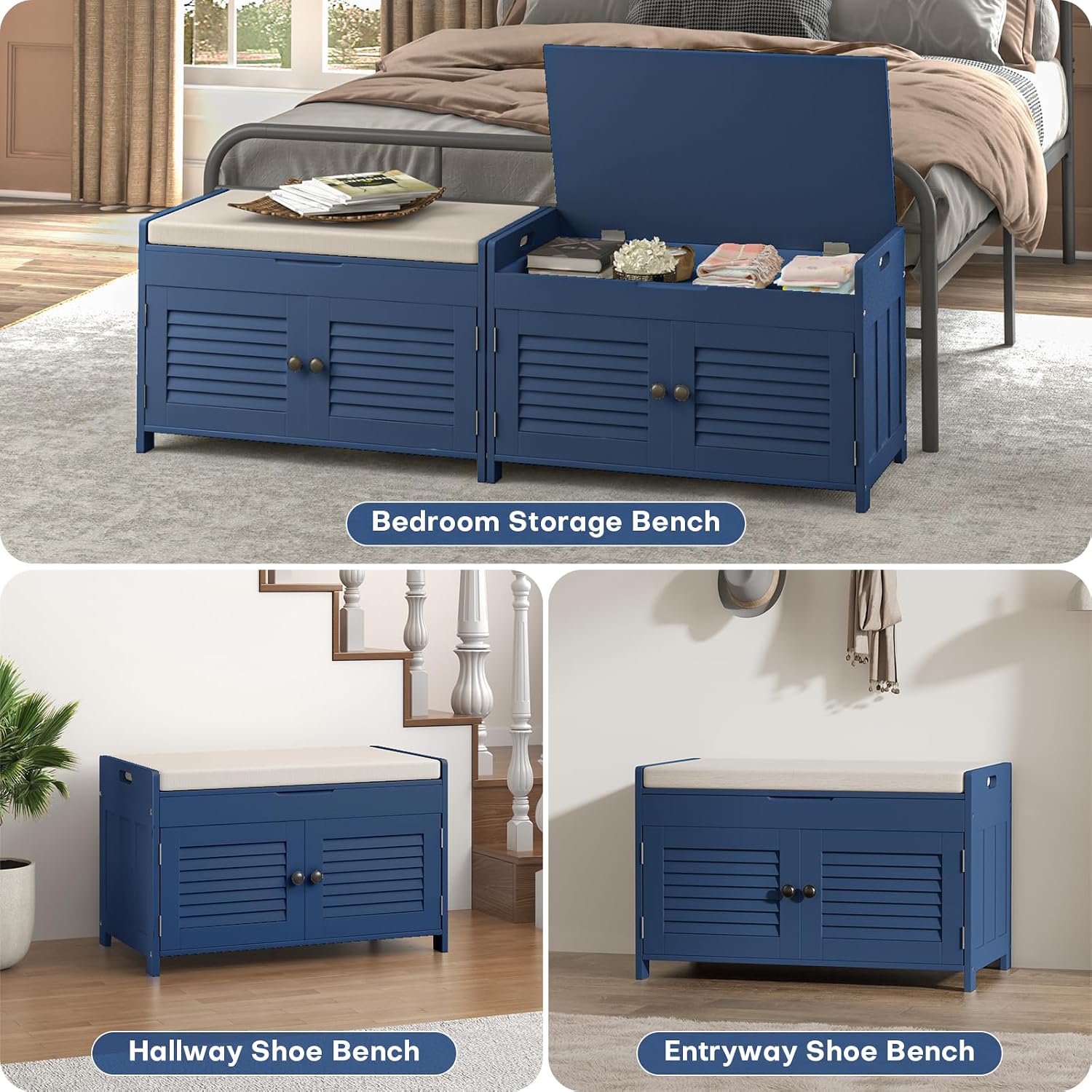 WARMHONIU Shoe Storage Bench with Lift Top Storage, Entryway Bench with Cushioned Seat, Adjustable Shelf, 2 Tier Shoe Rack with Doors for Entryway, Bedroom, Hallway, Mudroom, Blue