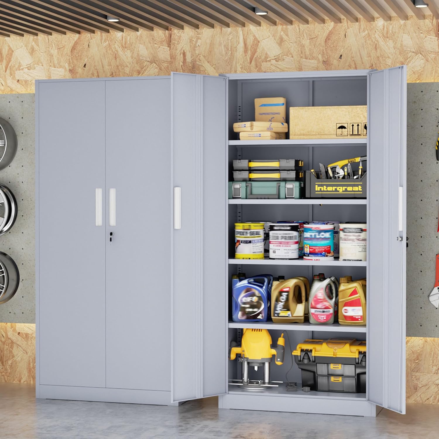 INTERGREAT Metal Storage Cabinet, 72' Locking Steel Cabinets with 2 Door and 4 Adjustable Shelves, Tall Metal Cabinet for Home Office, Garage, Warehouse,(Cement)