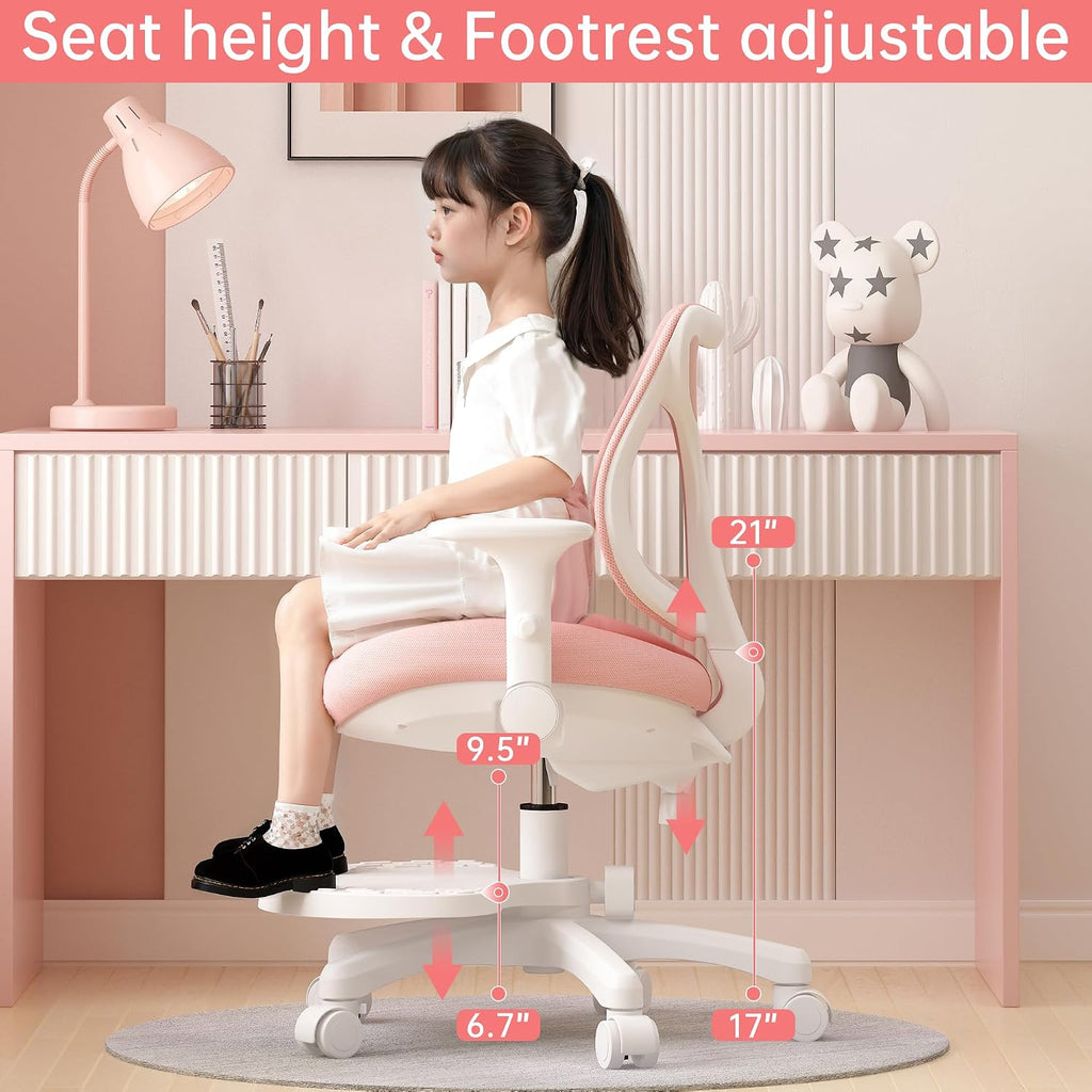 Desk Chair, Ergonomic Study Chair for Kids with Lumbar Support and Footrest, Adjustable Height, Flip-Up Armrests, Mesh Student Chair with Adjustable backrest, Model Deer (Pink)