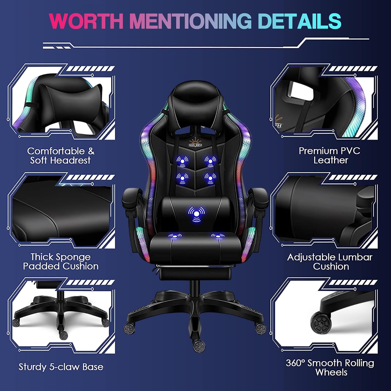 XOOFMASS Massage Gaming Chair with Speakers & RGB LED Lights Ergonomic Computer Gaming Chair with Footrest Music Video Game Chair High Back with Lumbar Support 360° Swivel & Height Adjustable,Pink