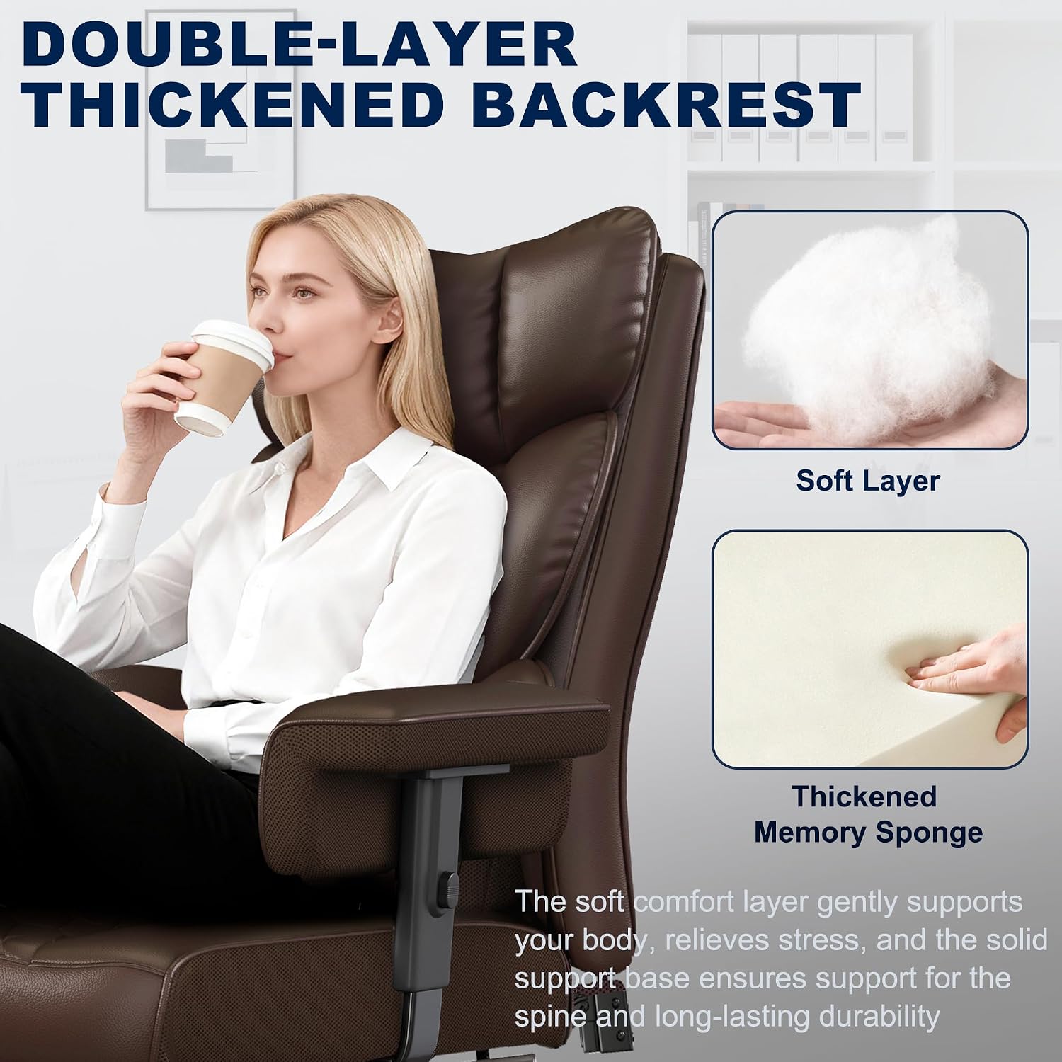 Misolant Big and Tall Office Chair with Footrest, High Back Executive Desk Chair with Adjustable Lift Armrest, 155°Recline，Lumbar Support Pillow, Faux Leather Gaming Chairs for Home or Office Brown