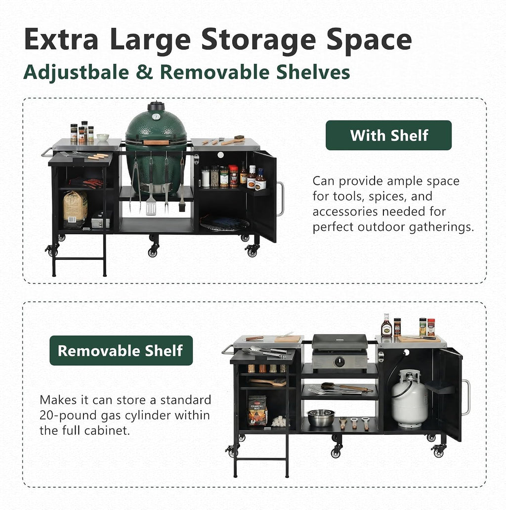 Merax 72.4' Large Grill Table for Large Big Green Egg, Metal Outdoor Grill Cart with Fold-Out Prep Table, Adjustable Shelves, Spice Rack, Outdoor Kitchen Island for Big Green Egg, Kamado Joe Classic