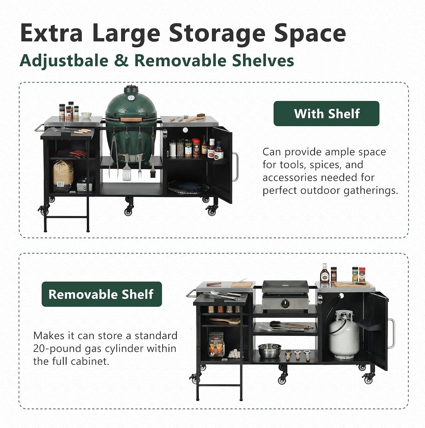 Merax 72.4' Large Grill Table for Large Big Green Egg, Metal Outdoor Grill Cart with Fold-Out Prep Table, Adjustable Shelves, Spice Rack, Outdoor Kitchen Island for Big Green Egg, Kamado Joe Classic