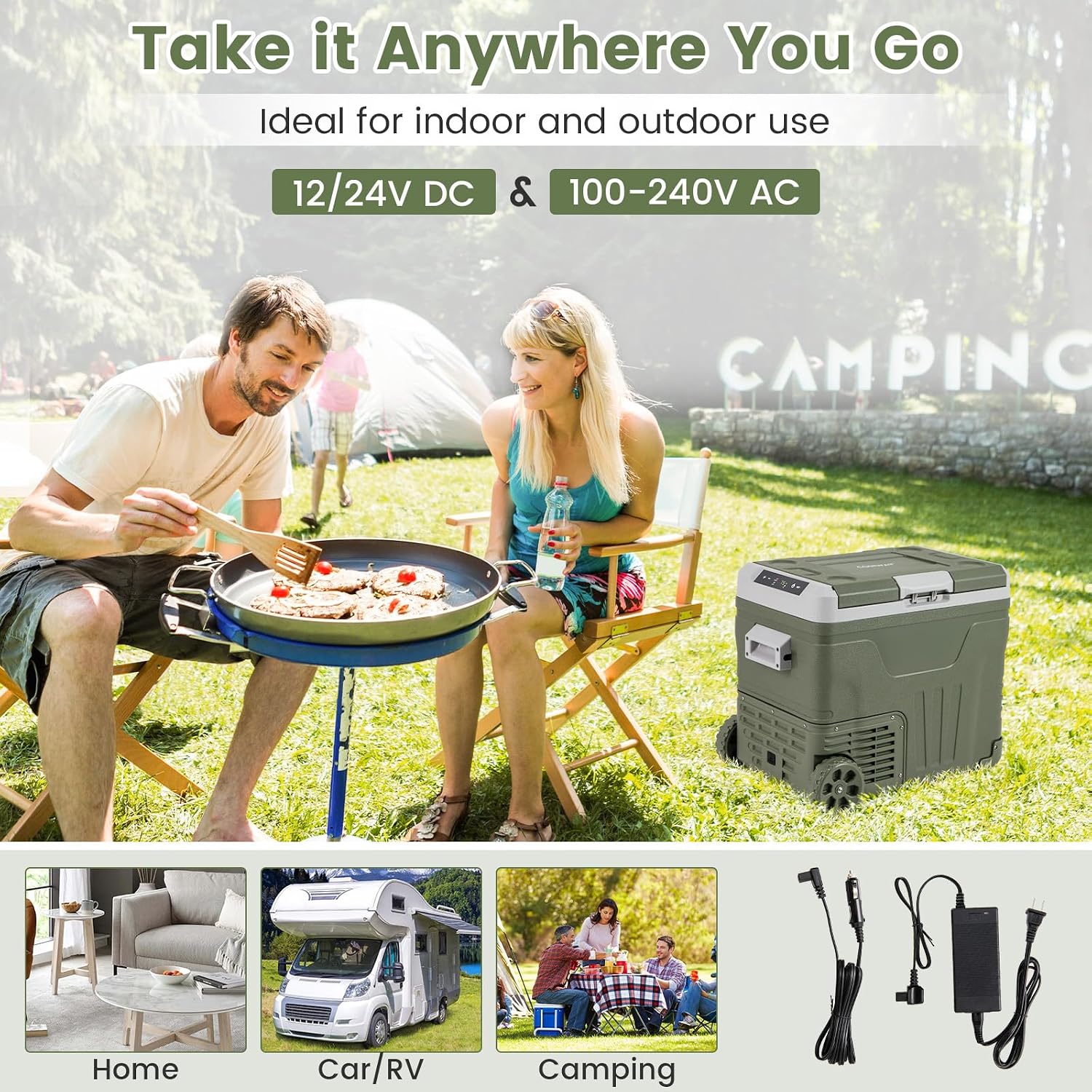COSTWAY Car Refrigerator with Wheels, 53-Quart Electric Cooler, 12V/24V DC, 100-240V AC, -4°F To 68°F, Portable Car Fridge Freezer with Pull Handle & 2 Wheels for RV Camping, Black