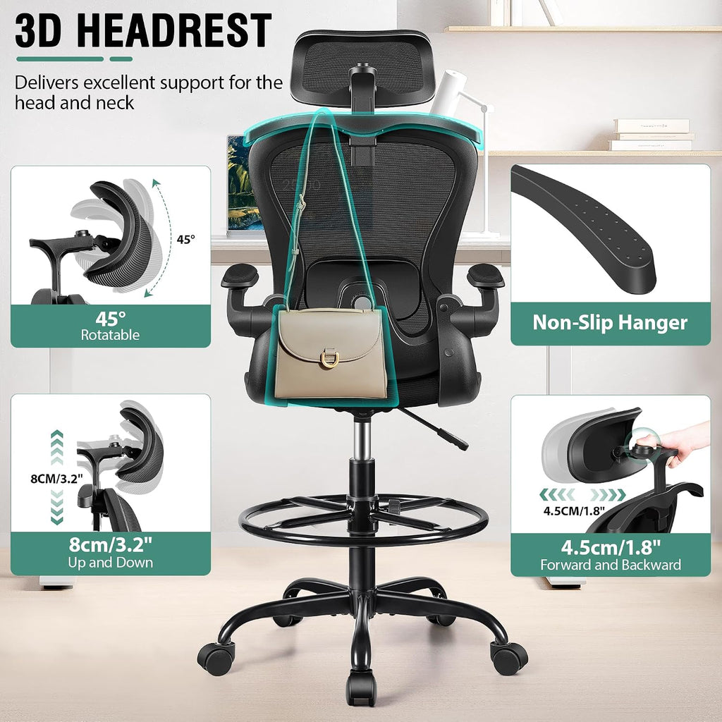 Drafting Chair, Tall Office Chair with 3D Lumbar & Head Support, Ergonomic Mesh Standing Desk Chair with Footring, Comfy Extended High Desk Chair with Flip-Up Arms & Hanger,Black