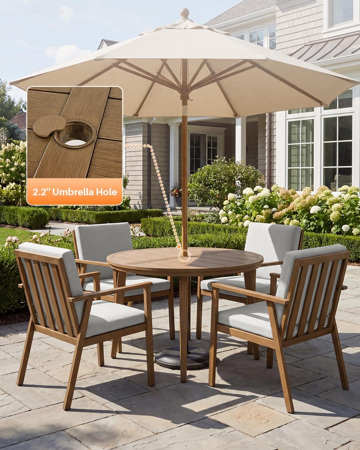 5-Piece Outdoor Patio Dining Set, Aluminum Round Dining Table with 4 Dining Chairs, Never-Rust Round Outdoor Dining Set, Patio Dining Table Set for Yard, Deck, Garden, Teak