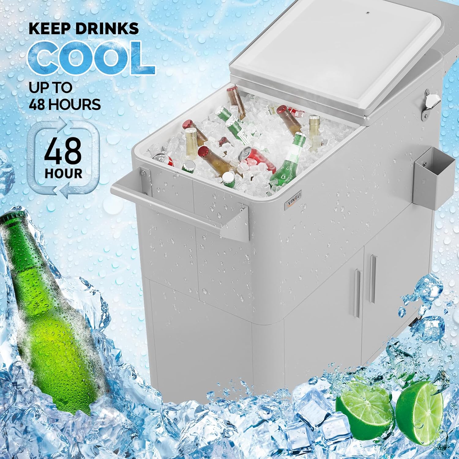 VINGLI Patio Cooler, Ice Chest with Storage Cabinet, Bottle Opener Drainage, Outdoor Cooler for Party, Deck, Pool