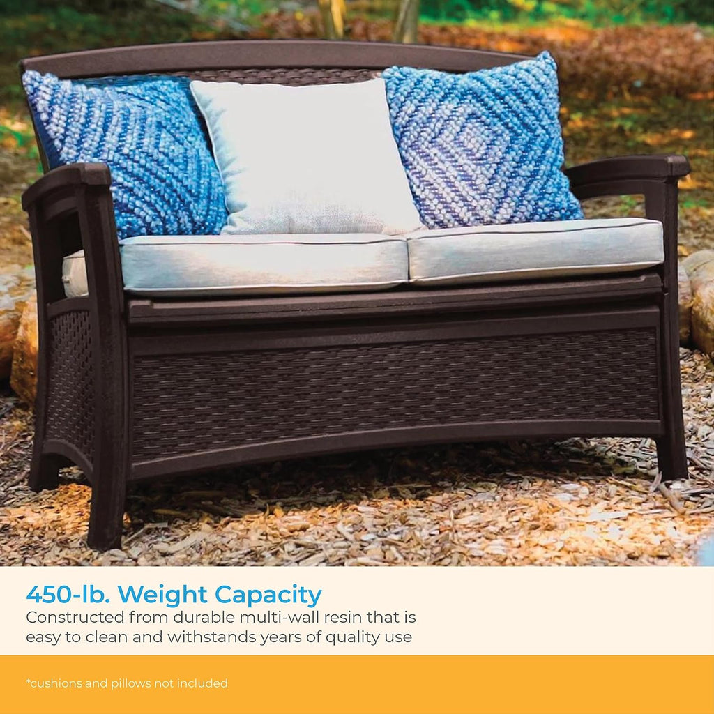 Suncast Outdoor Wicker Love Seat with 23-Gallon Storage, Comfortable Seating for Two, Ergonomic Back Support, All-Weather Furniture for Patio, Deck, and Garden, Java, Made in The USA