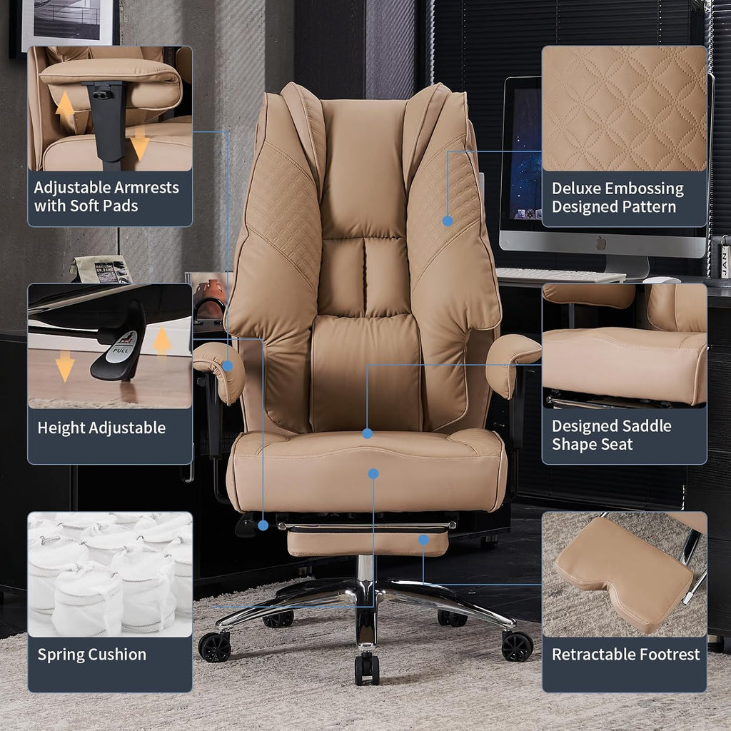 EXCEBET Big and Tall Office Chair 400lbs Wide Seat, Leather High Back Executive Office Chair with Foot Rest, Ergonomic Chairs Lumbar Support for Lower Back Pain Relief (Brown)