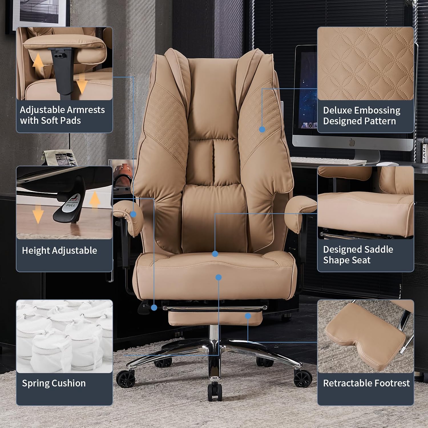 EXCEBET Big and Tall Office Chair 400lbs Wide Seat, Leather High Back Executive Office Chair with Foot Rest, Ergonomic Chairs Lumbar Support for Lower Back Pain Relief (Brown)