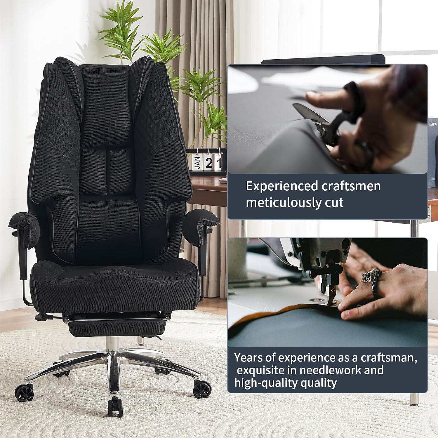 Big and Tall Office Chair 400lbs Wide Seat, Leather High Back Executive Office Chair with Foot Rest, Ergonomic Chairs Lumbar Support for Lower Back Pain Relief (Mesh Black)