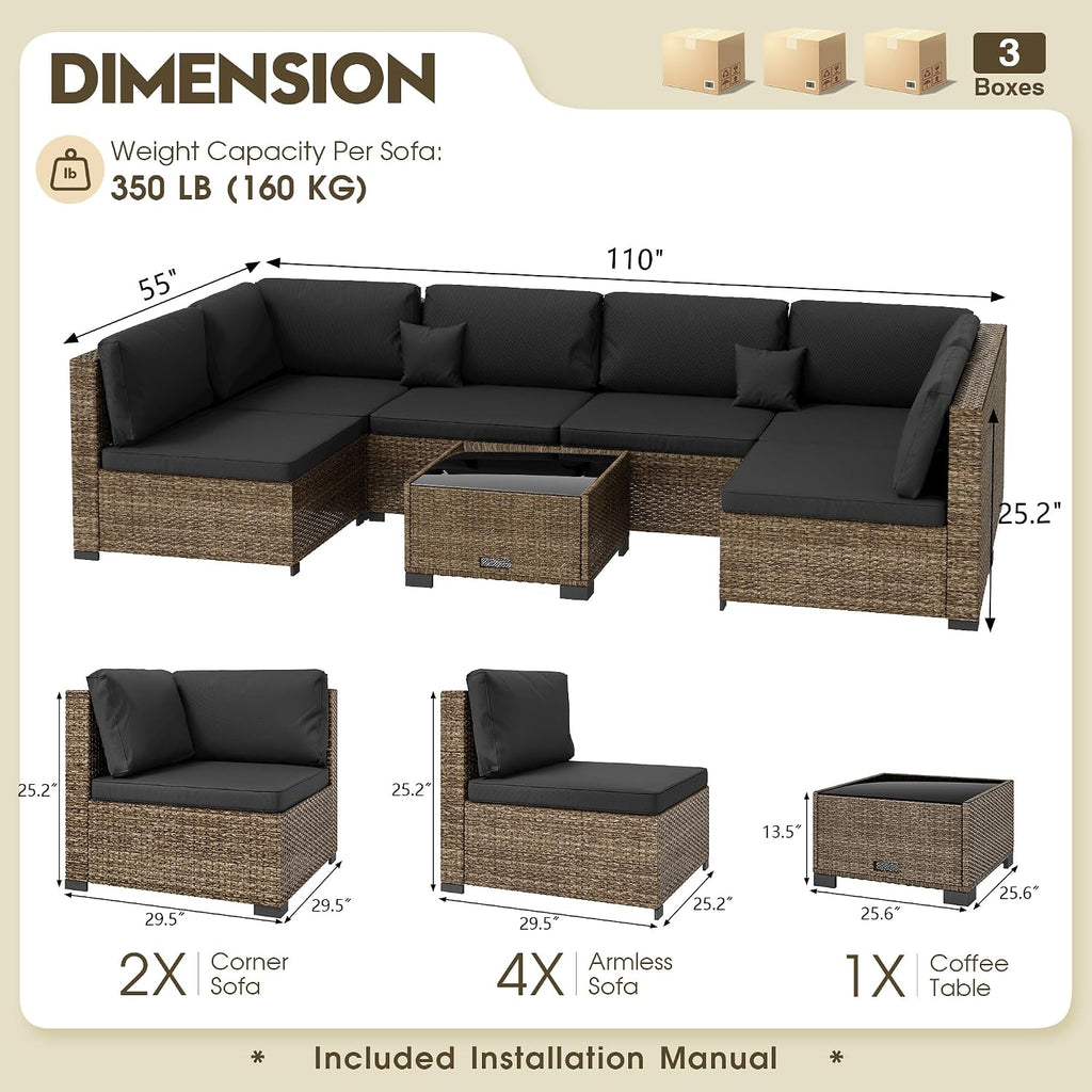 LHBcraft 7 Piece Patio Outdoor Furniture Set, Outdoor Sectional, All-Weather Manual Weaving PE Rattan Wicker Patio Sectional Sofa, Rattan Outside Furniture with Black Cushion and Glass Coffee Table