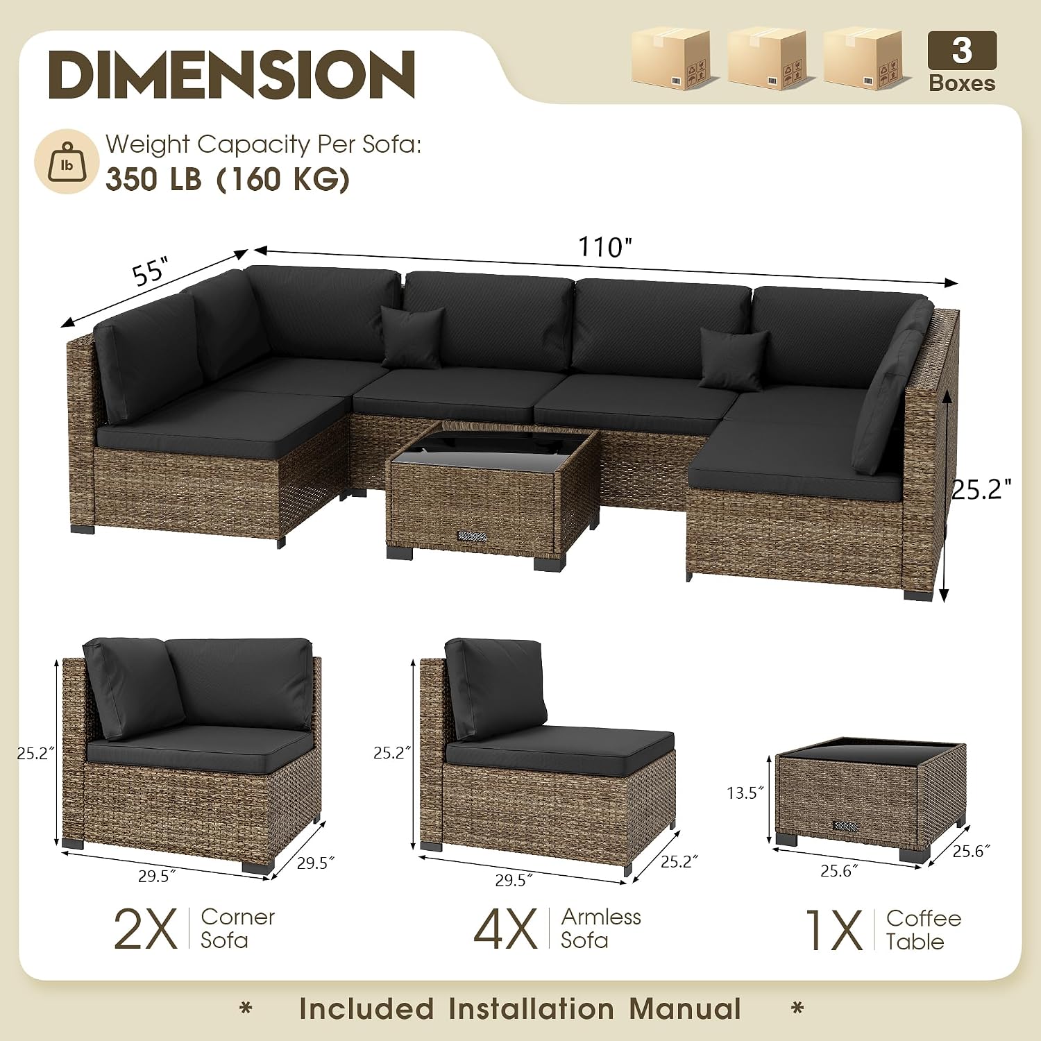 LHBcraft 7 Piece Patio Outdoor Furniture Set, Outdoor Sectional, All-Weather Manual Weaving PE Rattan Wicker Patio Sectional Sofa, Rattan Outside Furniture with Black Cushion and Glass Coffee Table