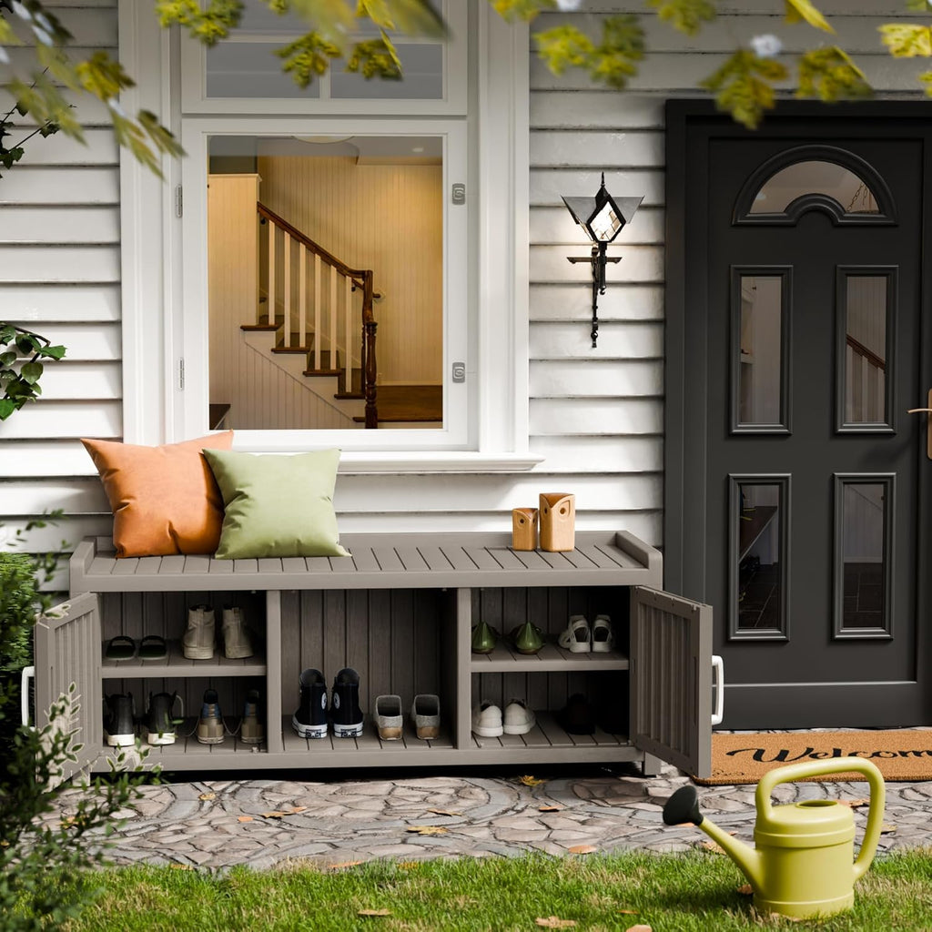 Storage Bench - Waterproof Resin Shoe Bench with Adjustable Shelves - Indoor & Outdoor Use, 2 Doors Entryway Bench with Hidden Storage Space - Storage Cabinet for Bedroom, Hallway, Grey