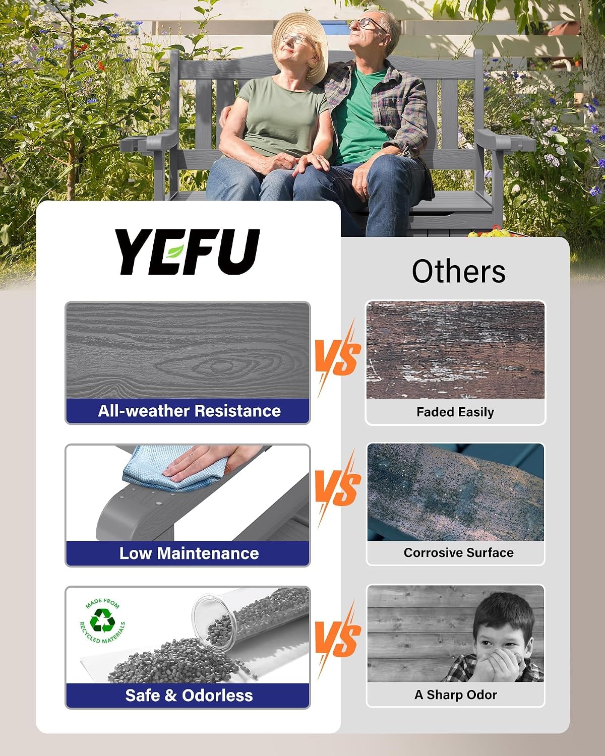YEFU Outdoor Storage Bench for Patio: Heavy Duty Garden Bench with 96° High Backrest & Oversized Seating - Weatherproof HIPS Patio Benches with Storage for Porch Backyard Park Room, Grey