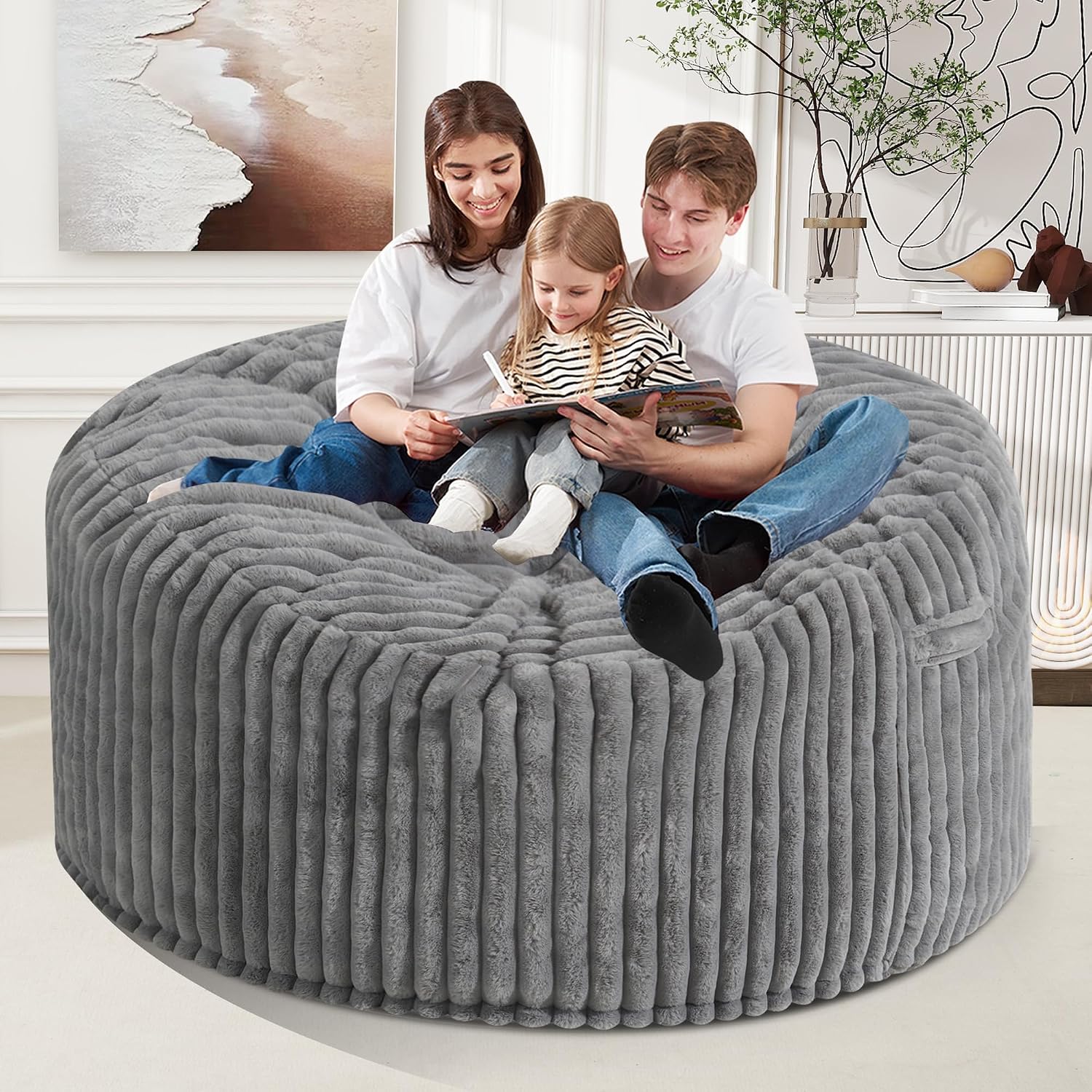 Homguava 5 FT Bean Bag Chair,5' Big Bean Bag,Giant Bean Bag Chairs for Adults with Memory Foam Filled,Comfy Large Beanbag Chairs Soft Bean Bag Sofa with Dutch Corded Plush Cover-Grey