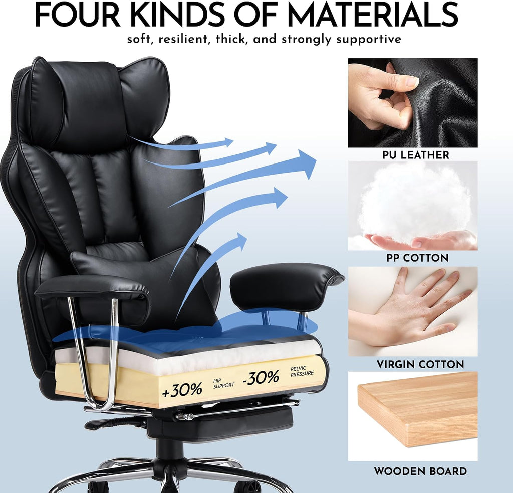 Efomao Big and Tall Office Chair, 400lbs Heavy Duty High Back Executive Chair with 23.6' Extra Wide Seat, PU Leather Desk Chair with Footrest and Padded Armrests, Black