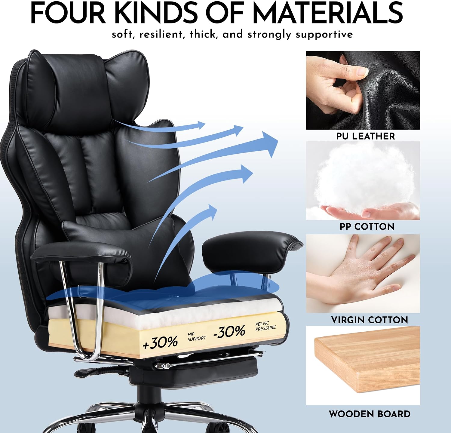 Efomao Big and Tall Office Chair, 400lbs Heavy Duty High Back Executive Chair with 23.6' Extra Wide Seat, PU Leather Desk Chair with Footrest and Padded Armrests, Black